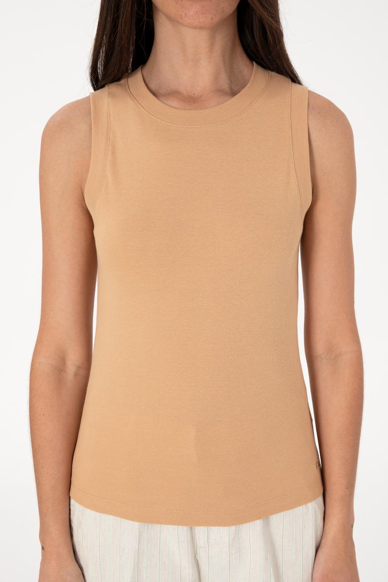 Kadın Camel Kolsuz Bisiklet Yaka Basic Tişört - 50305841014