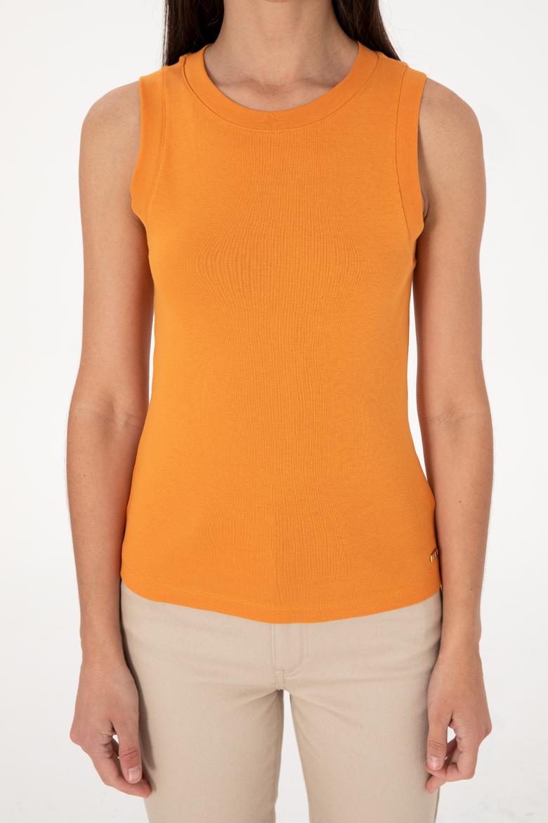 Kadın Kiremit Kolsuz Bisiklet Yaka Basic Tişört - 50305841118