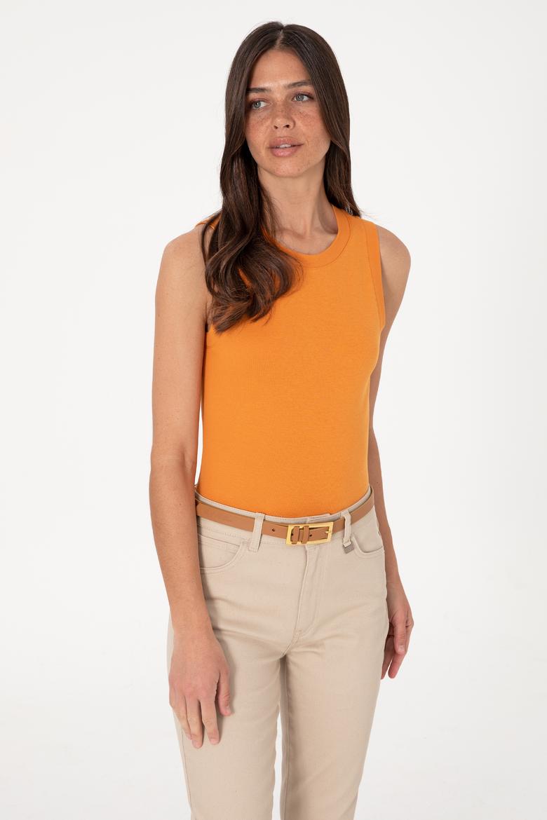 Kadın Kiremit Kolsuz Bisiklet Yaka Basic Tişört - 50305841118