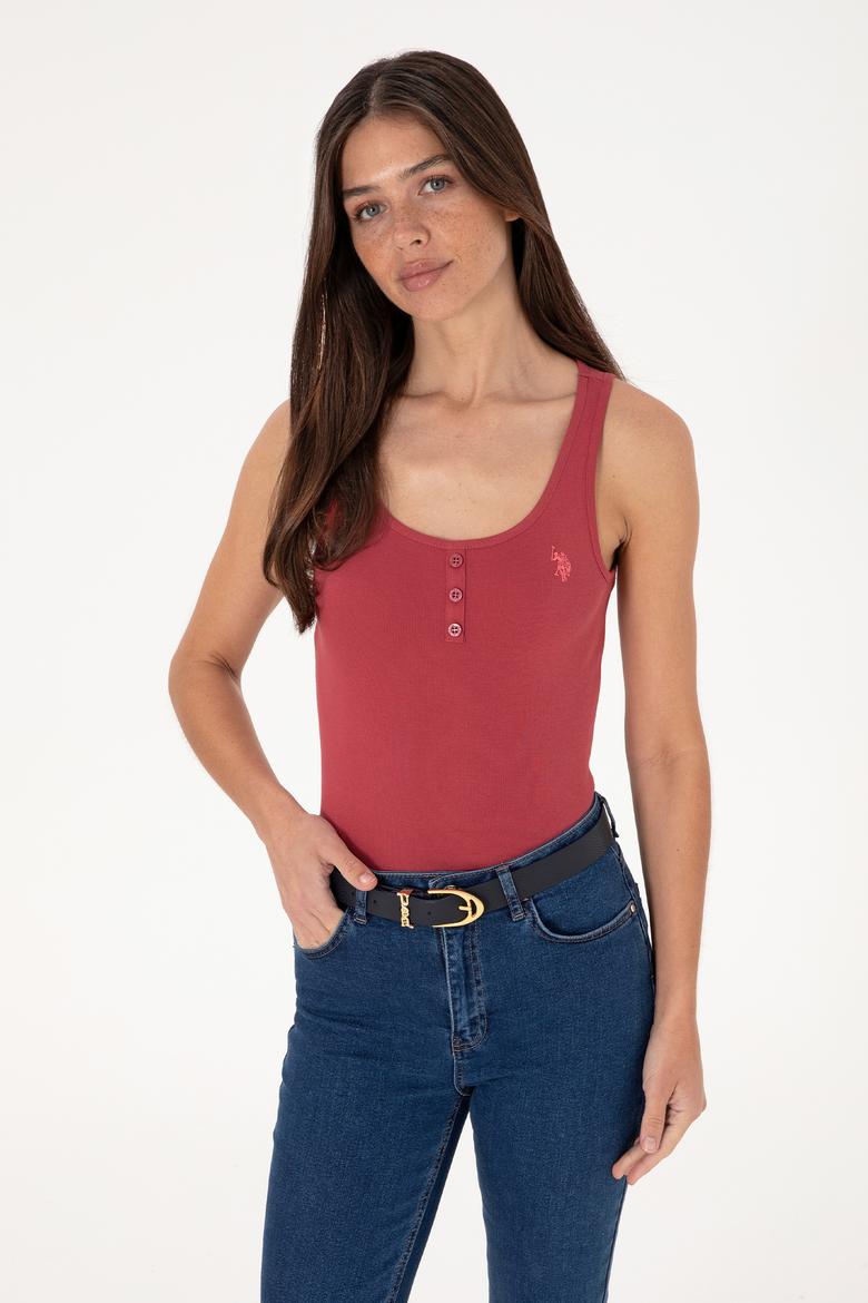 Kadın Vişne Kolsuz Bisiklet Yaka Basic Tişört