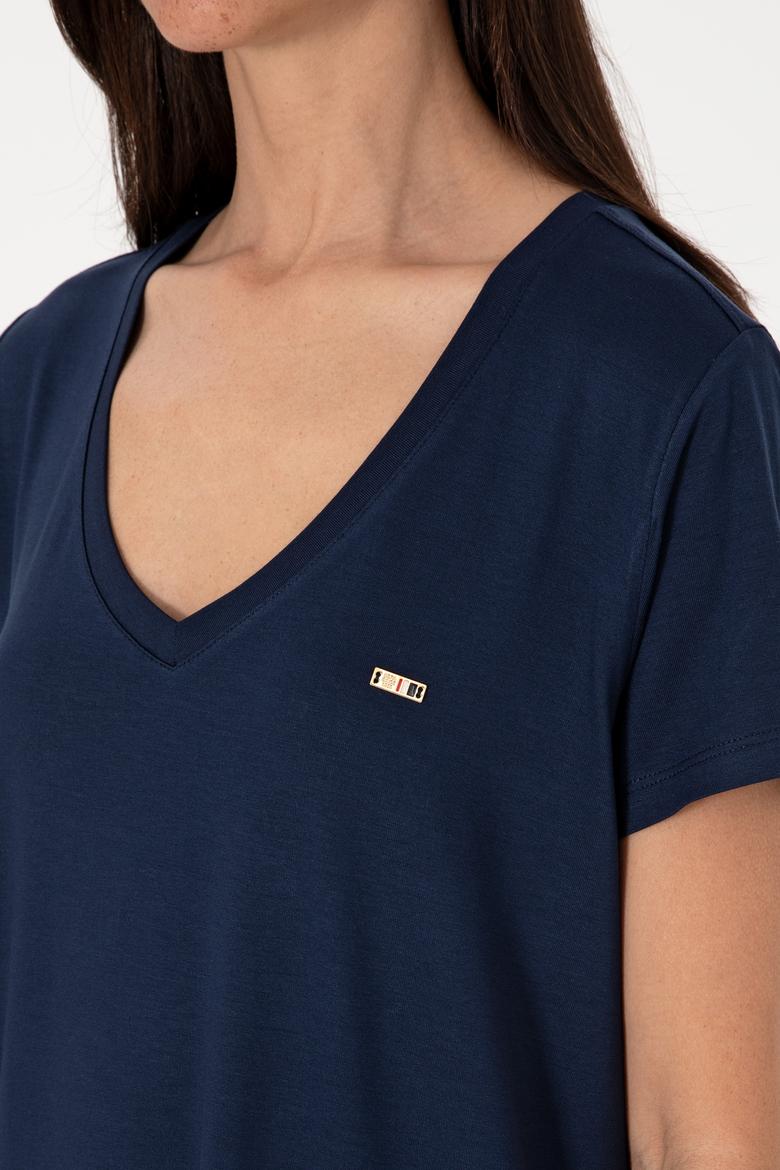 Kadın Lacivert Modal Karışımlı V Yaka Basic Tişört - 50305773009