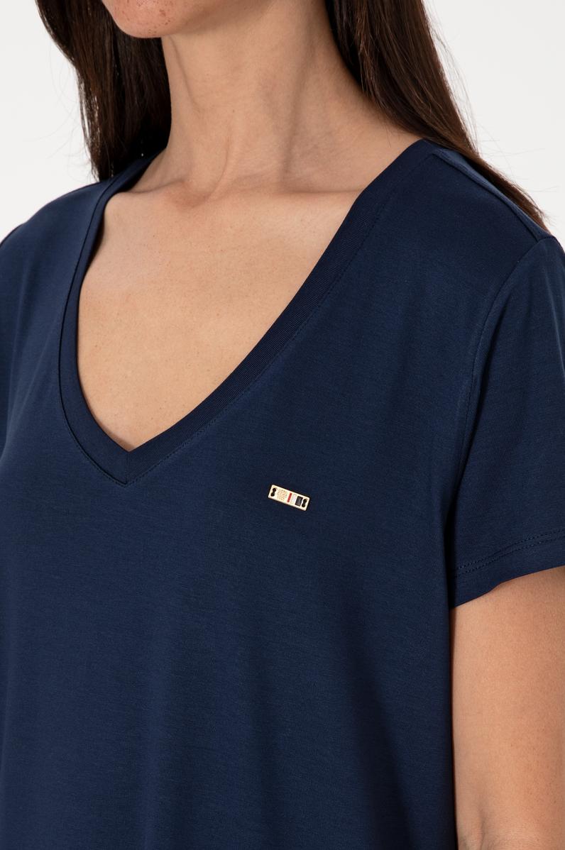 Kadın Lacivert Modal Karışımlı V Yaka Basic Tişört