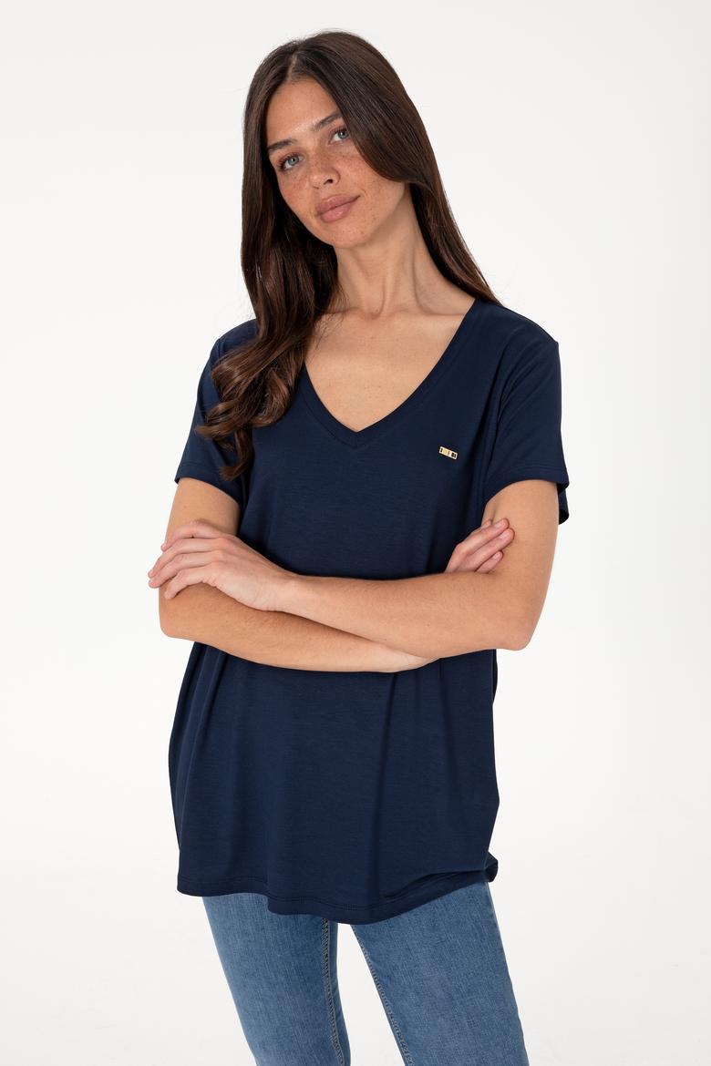 Kadın Lacivert Modal Karışımlı V Yaka Basic Tişört - 50305773009