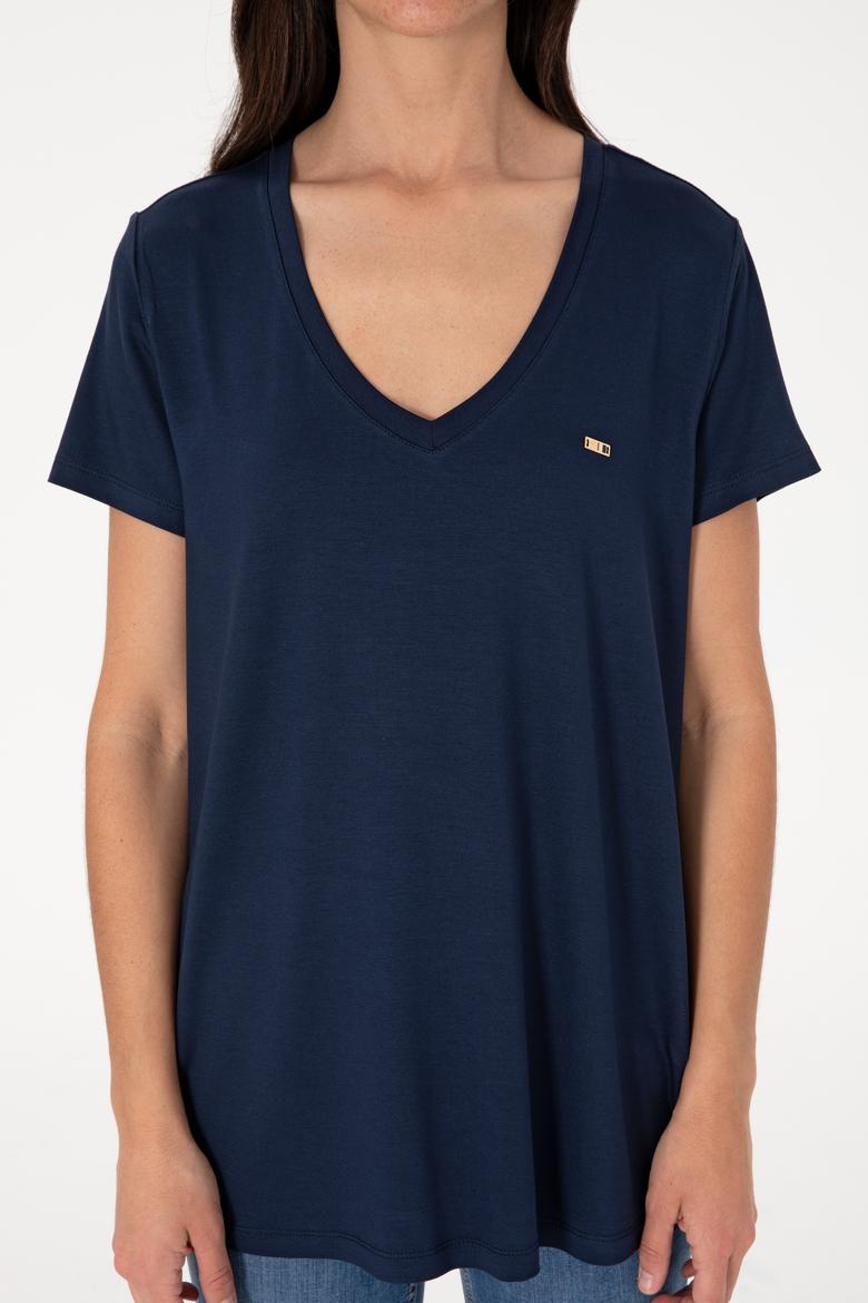 Kadın Lacivert Modal Karışımlı V Yaka Basic Tişört - 50305773009