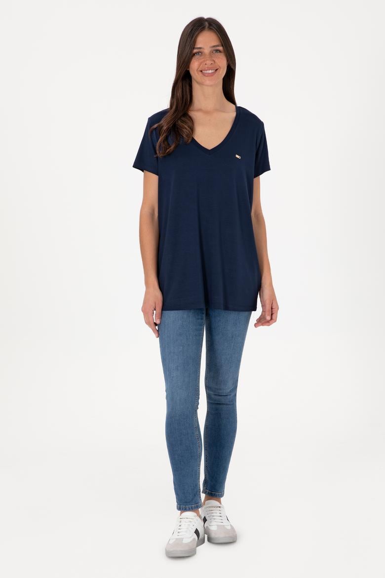 Kadın Lacivert Modal Karışımlı V Yaka Basic Tişört - 50305773009