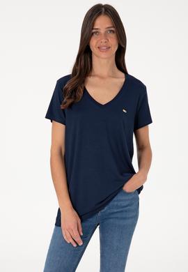 Kadın Lacivert Modal Karışımlı V Yaka Basic Tişört - 50305773009