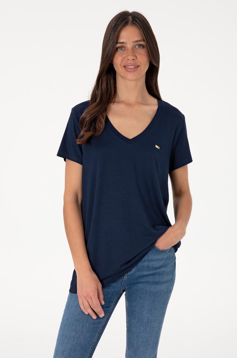 Kadın Lacivert Modal Karışımlı V Yaka Basic Tişört
