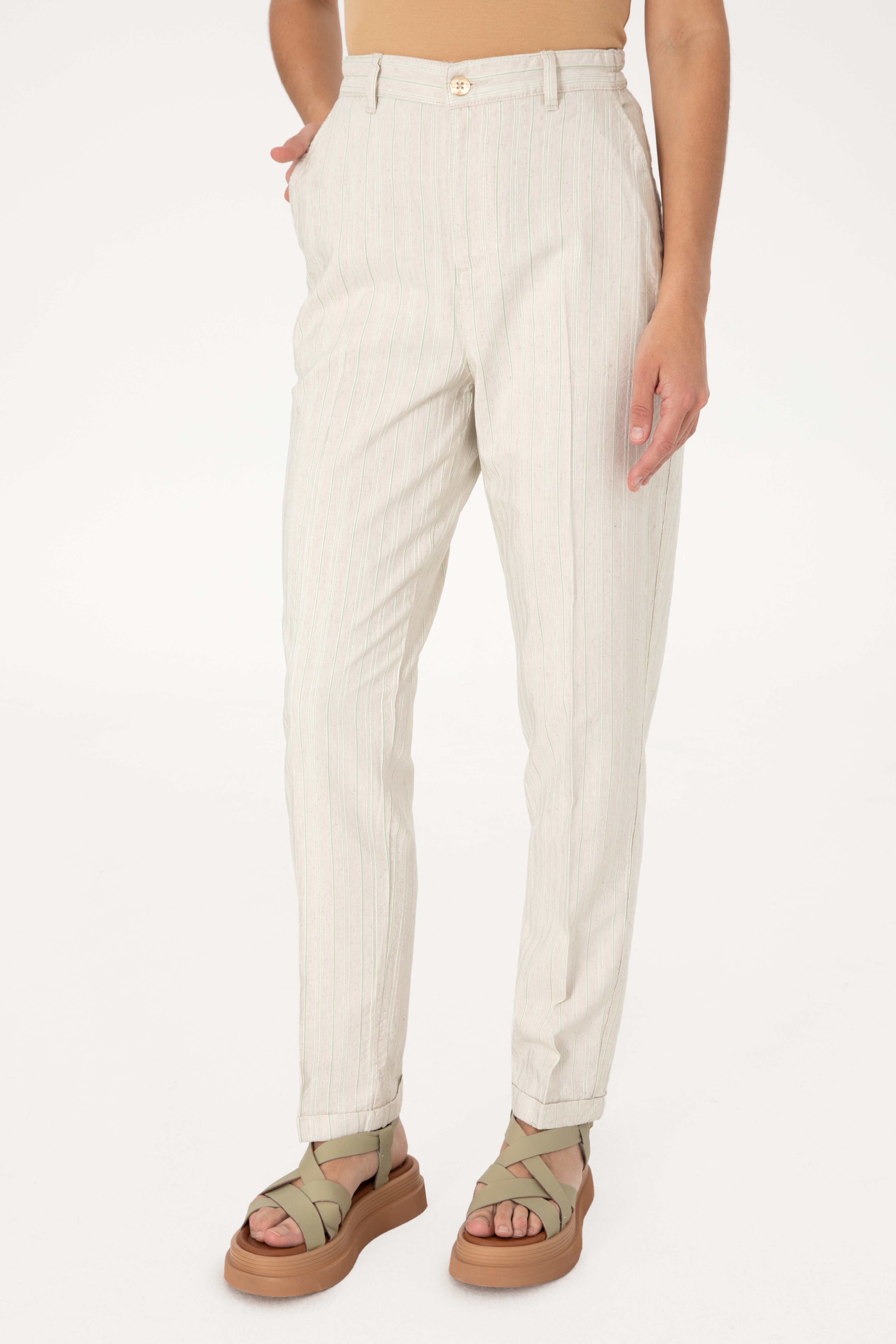 Kadın Su Yeşili Carrot High Waist Kanvas Pantolon - Image 2