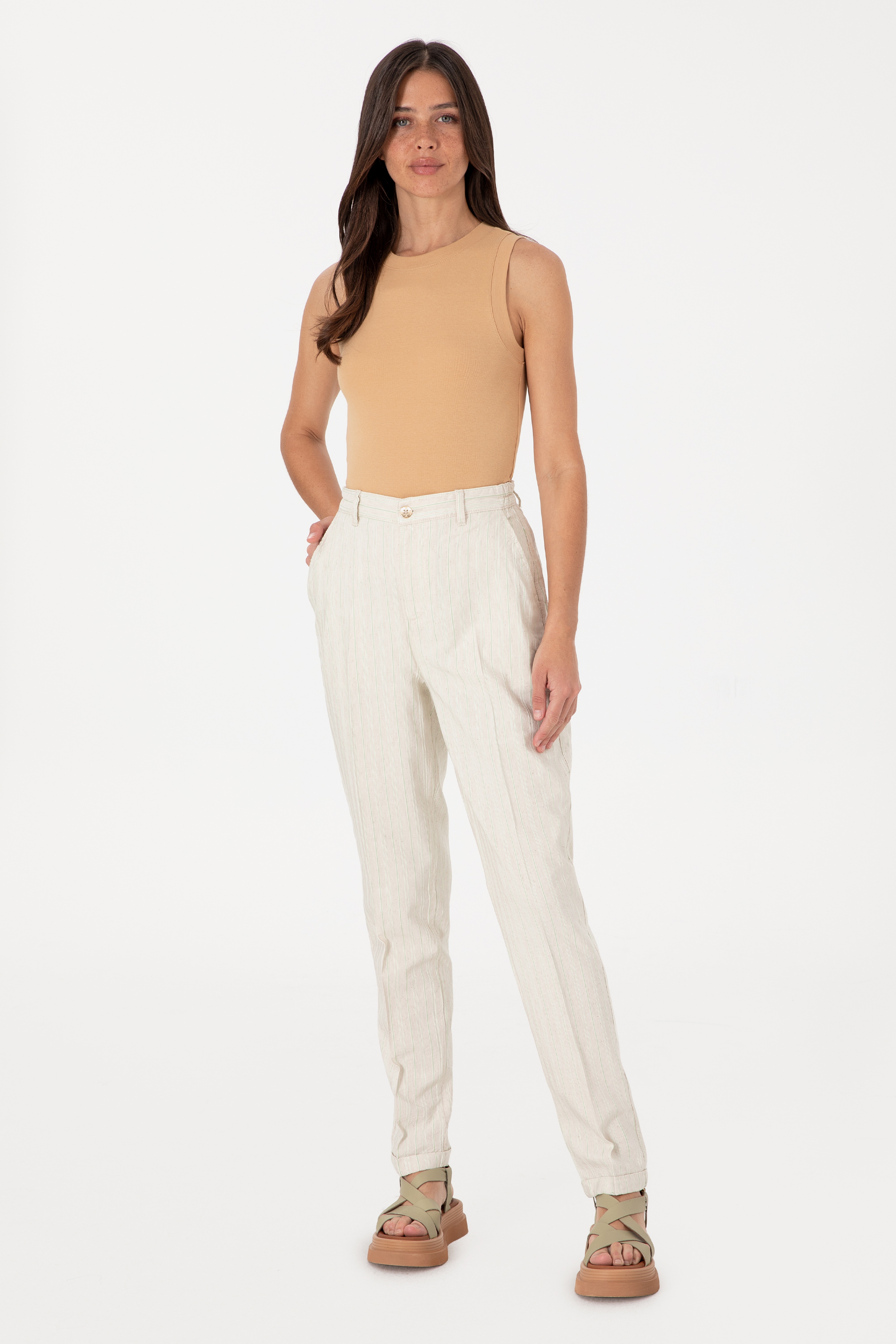 Kadın Su Yeşili Carrot High Waist Kanvas Pantolon - Image 3