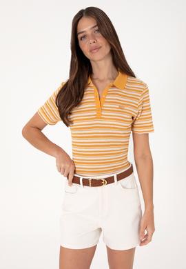 Kadın Turuncu Çizgili Polo Yaka Tişört - 50300678012
