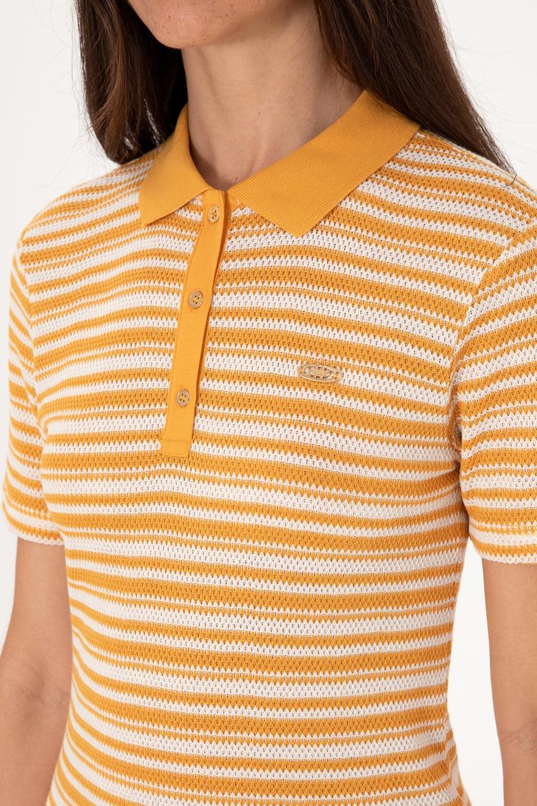 Kadın Turuncu Çizgili Polo Yaka Tişört - 50300678012