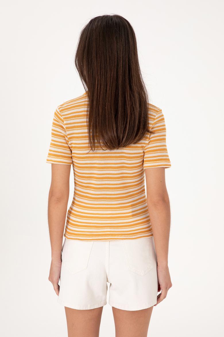 Kadın Turuncu Çizgili Polo Yaka Tişört - 50300678012