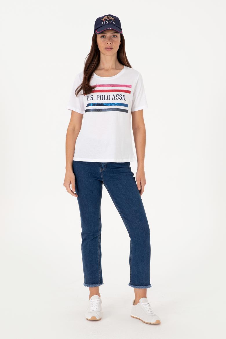 Kadın Beyaz Bisiklet Yaka Tişört - 50299762004