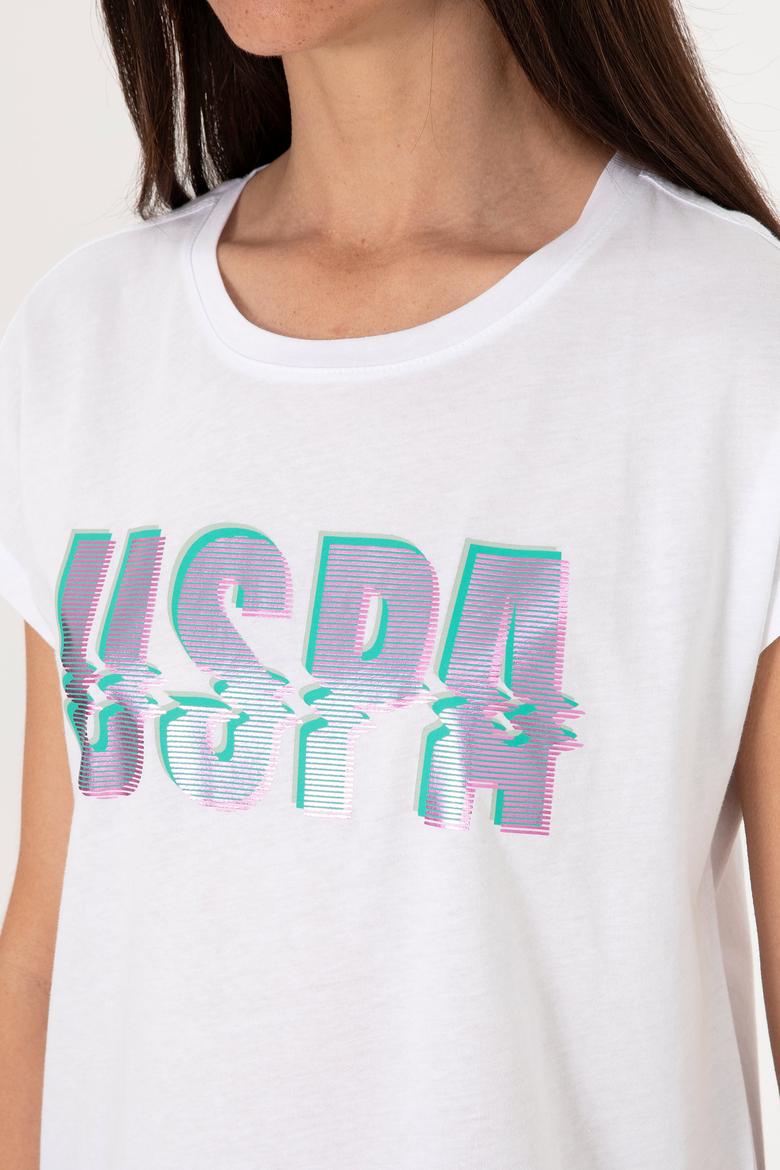 Kadın Beyaz Bisiklet Yaka Tişört - 50299764018