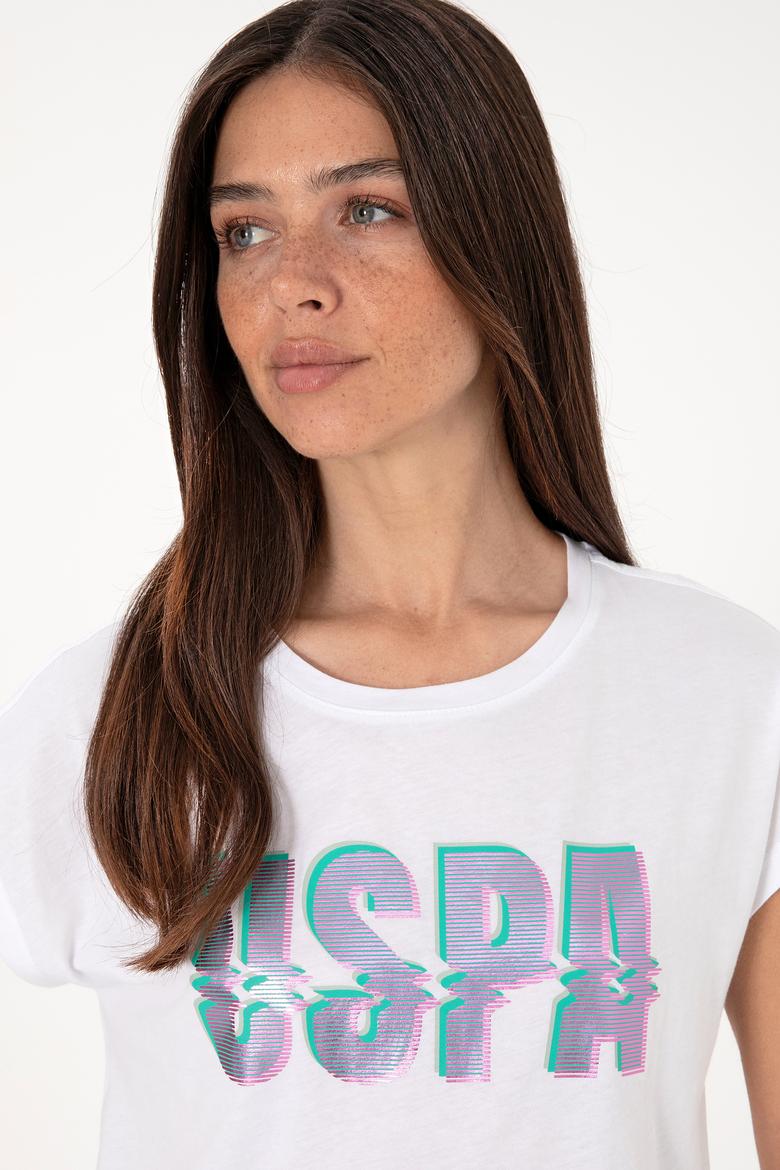 Kadın Beyaz Bisiklet Yaka Tişört - 50299764018