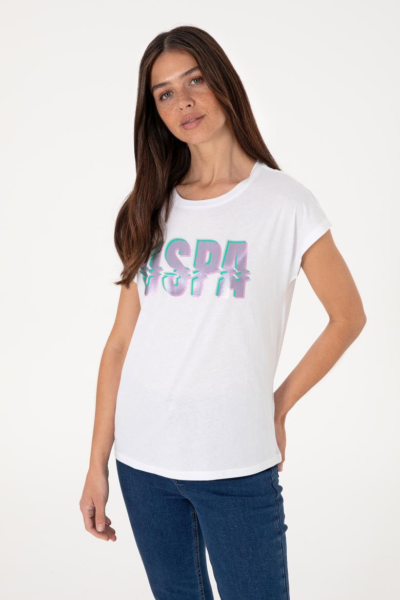 Kadın Beyaz Bisiklet Yaka Tişört - 50299764018