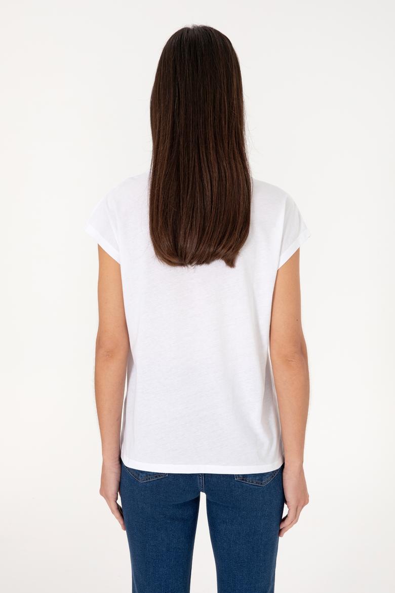 Kadın Beyaz Bisiklet Yaka Tişört - 50299764018