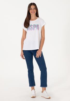 Kadın Beyaz Bisiklet Yaka Tişört - 50299764018