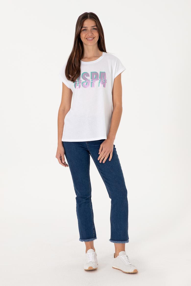 Kadın Beyaz Bisiklet Yaka Tişört - 50299764018