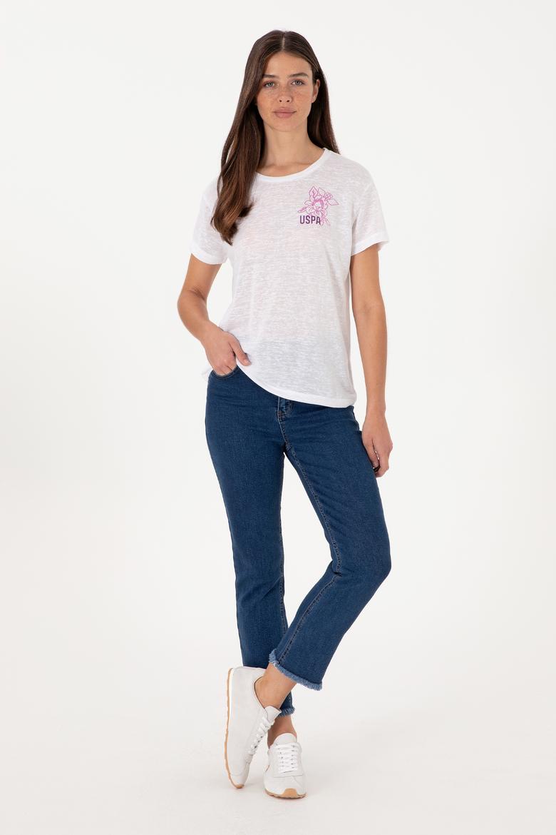 Kadın Beyaz Bisiklet Yaka Tişört - 50299755028