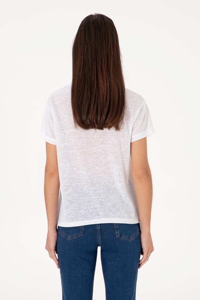 Kadın Beyaz Bisiklet Yaka Tişört - 50299755028