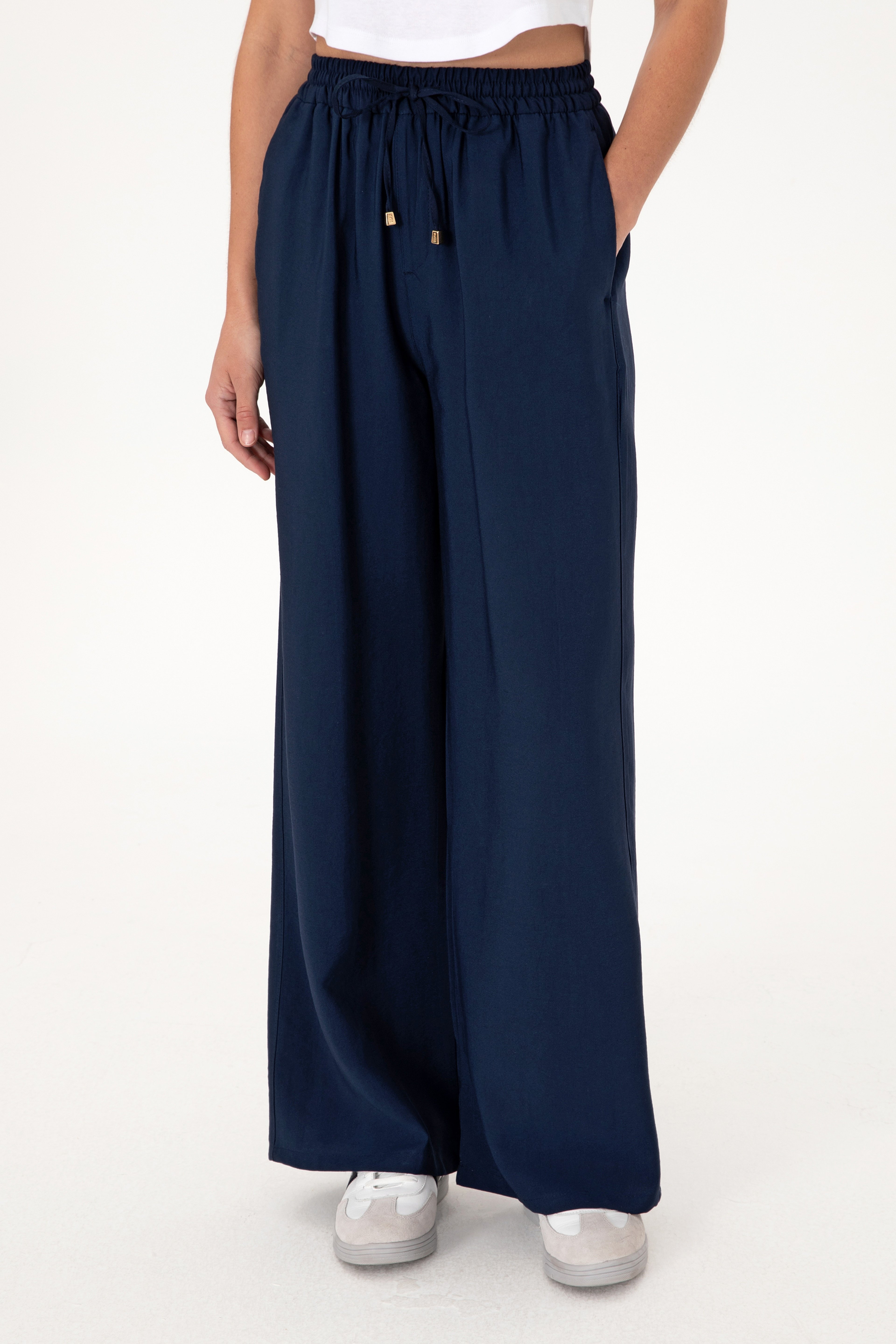Kadın Lacivert Loose Relax Fit Kanvas Pantolon - Image 2