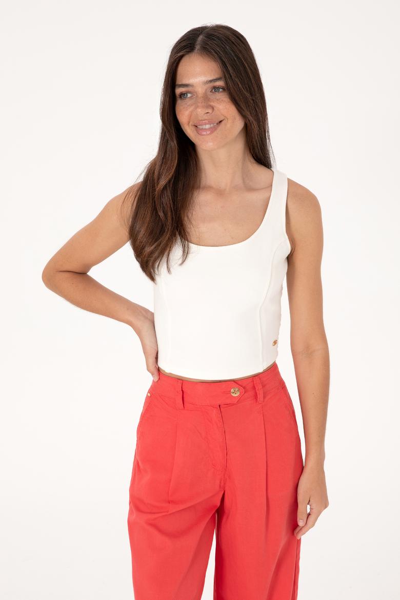 Kadın Krem Kolsuz Bisiklet Yaka Tişört - 50300654013