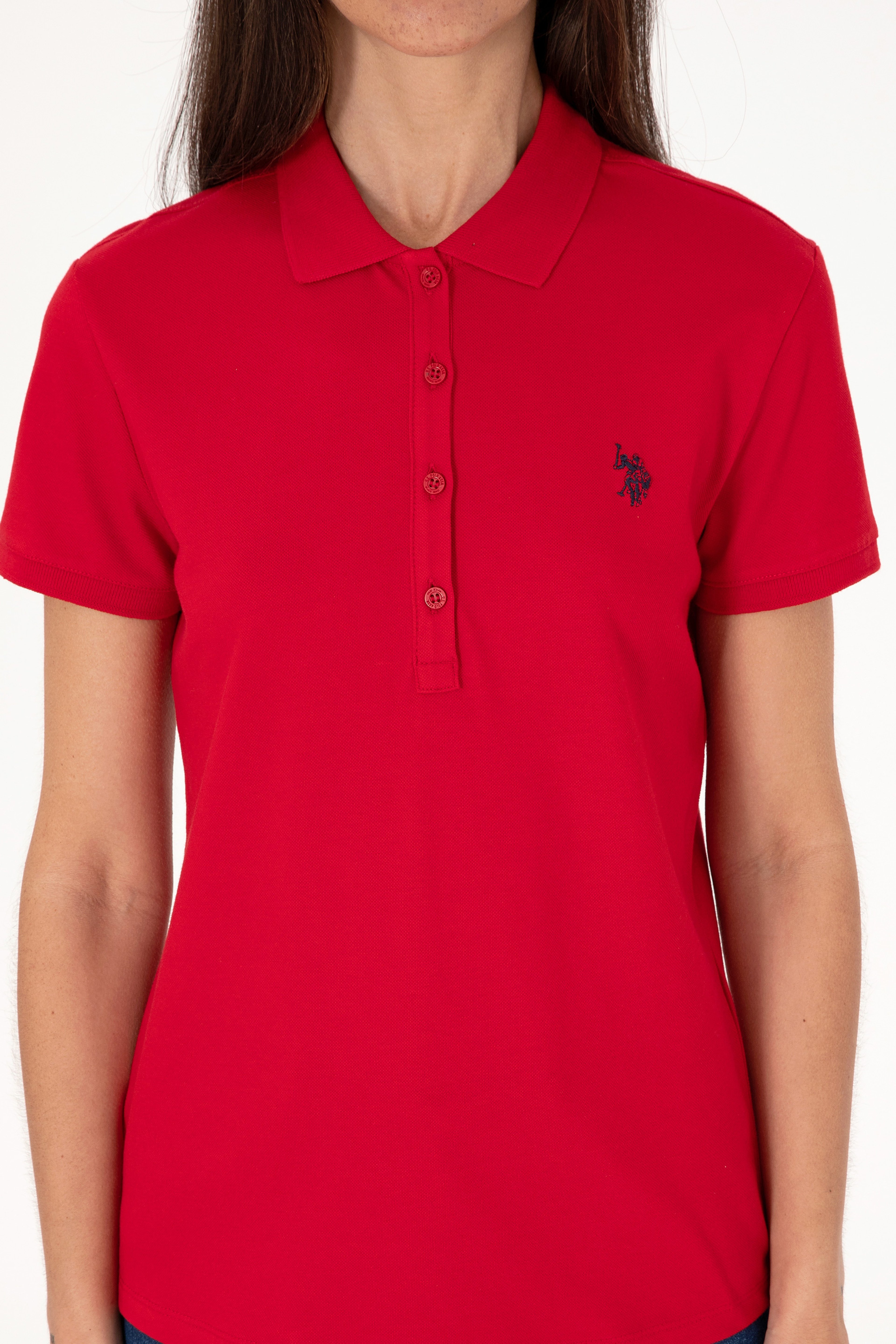 Kadın Kırmızı Basic Polo Yaka Tişört - Image 6