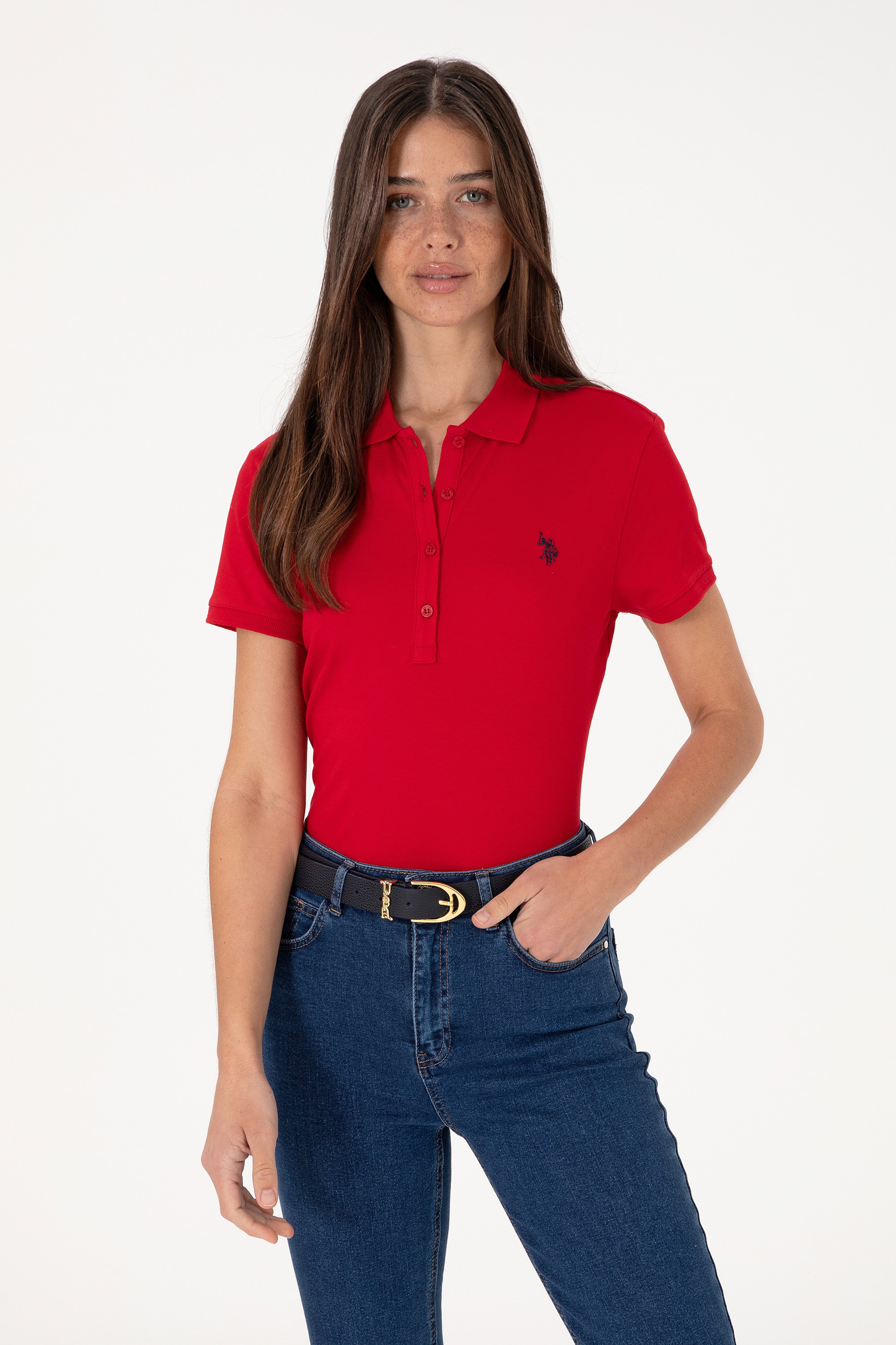 Kadın Kırmızı Basic Polo Yaka Tişört - Image 1