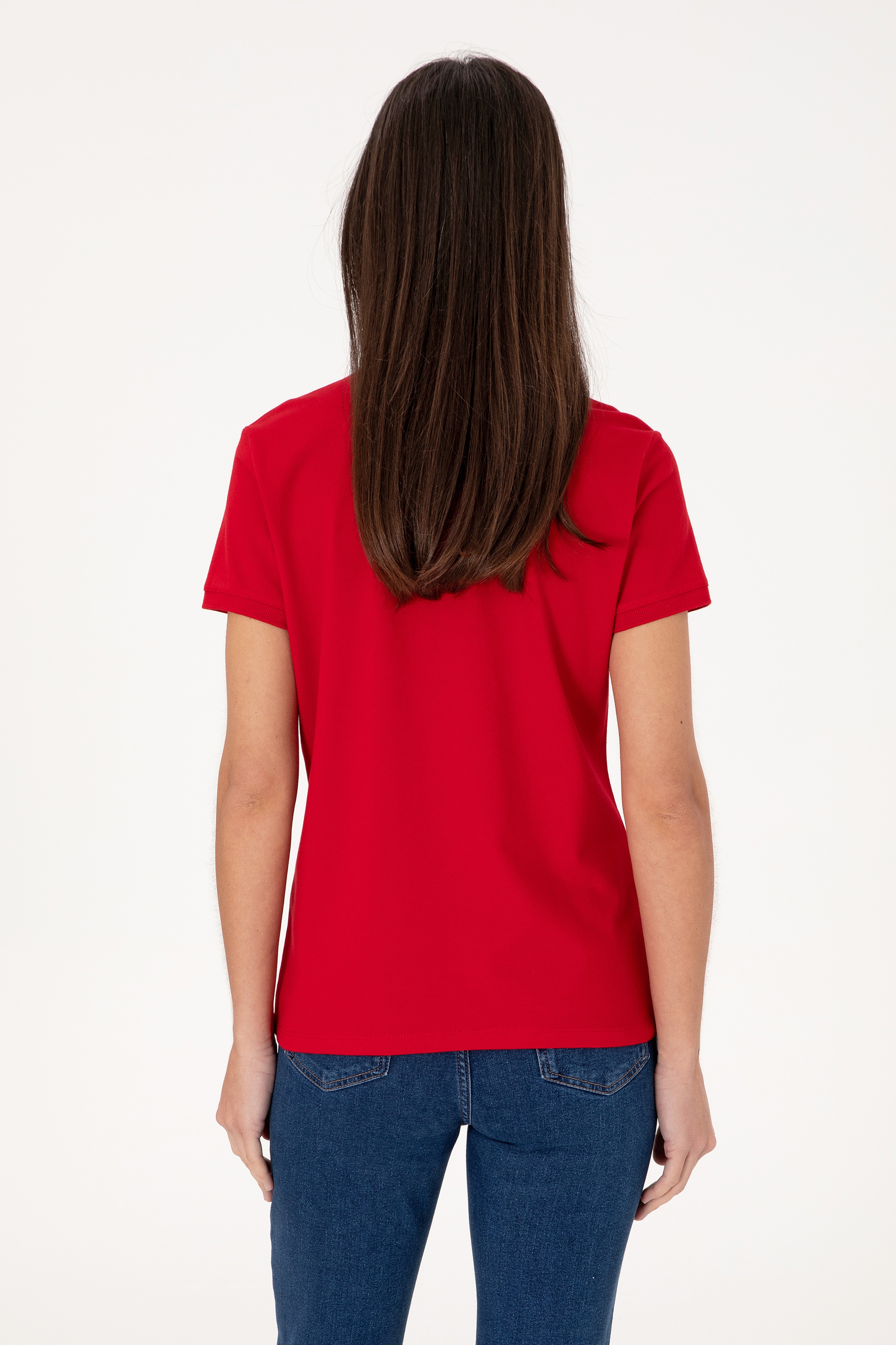 Kadın Kırmızı Basic Polo Yaka Tişört - Image 5