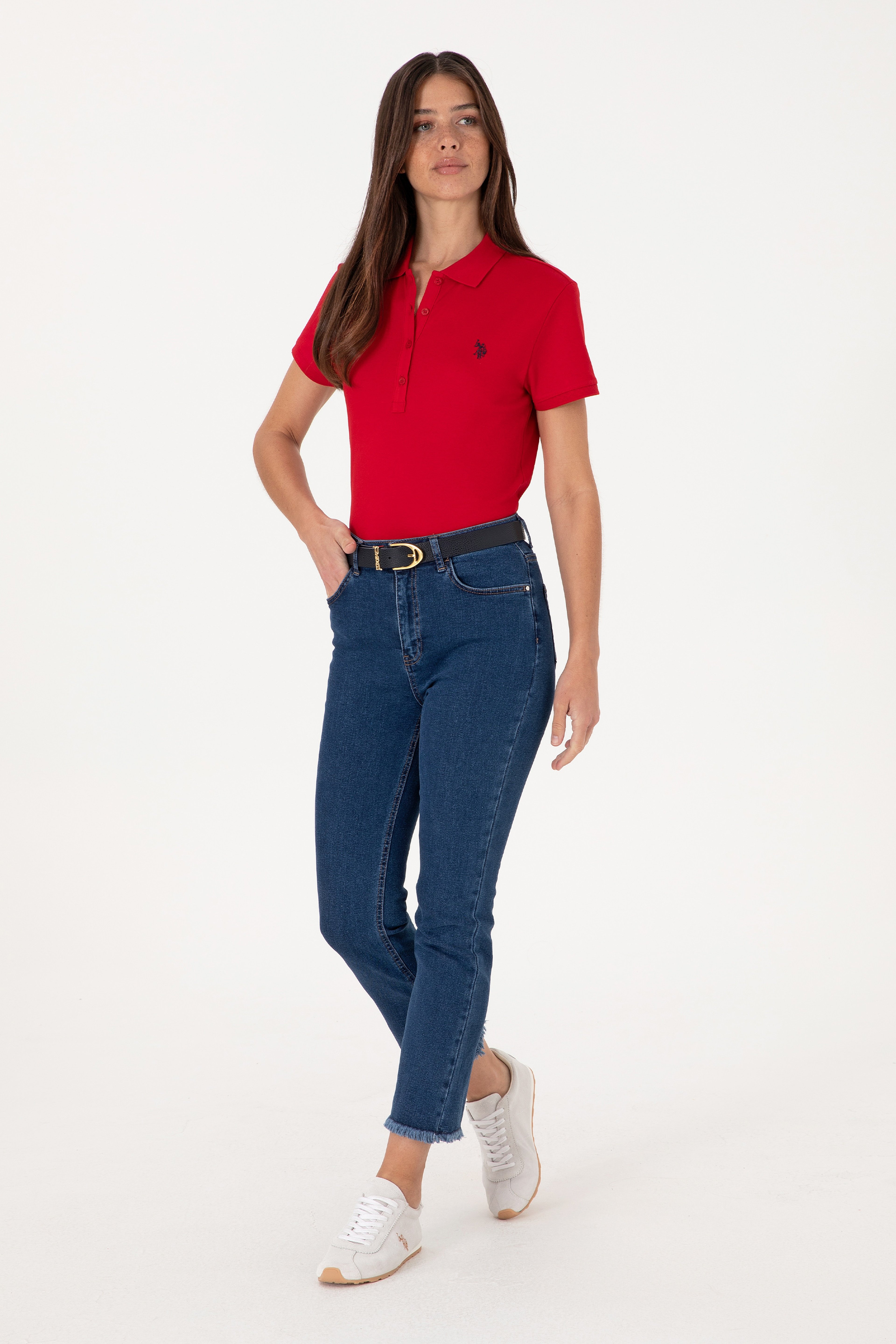 Kadın Kırmızı Basic Polo Yaka Tişört - Image 4