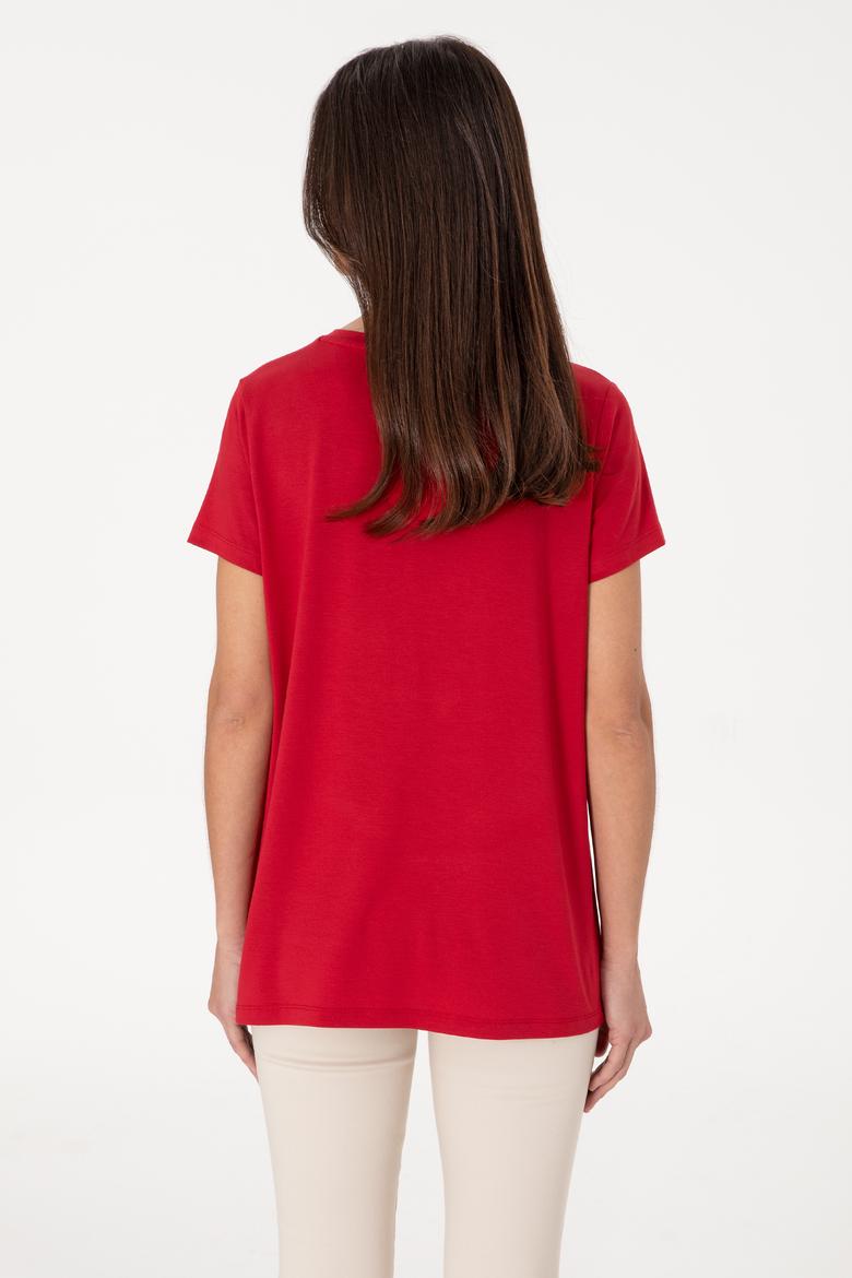 Kadın Kırmızı Modal Karışımlı V Yaka Basic Tişört - 50305773078