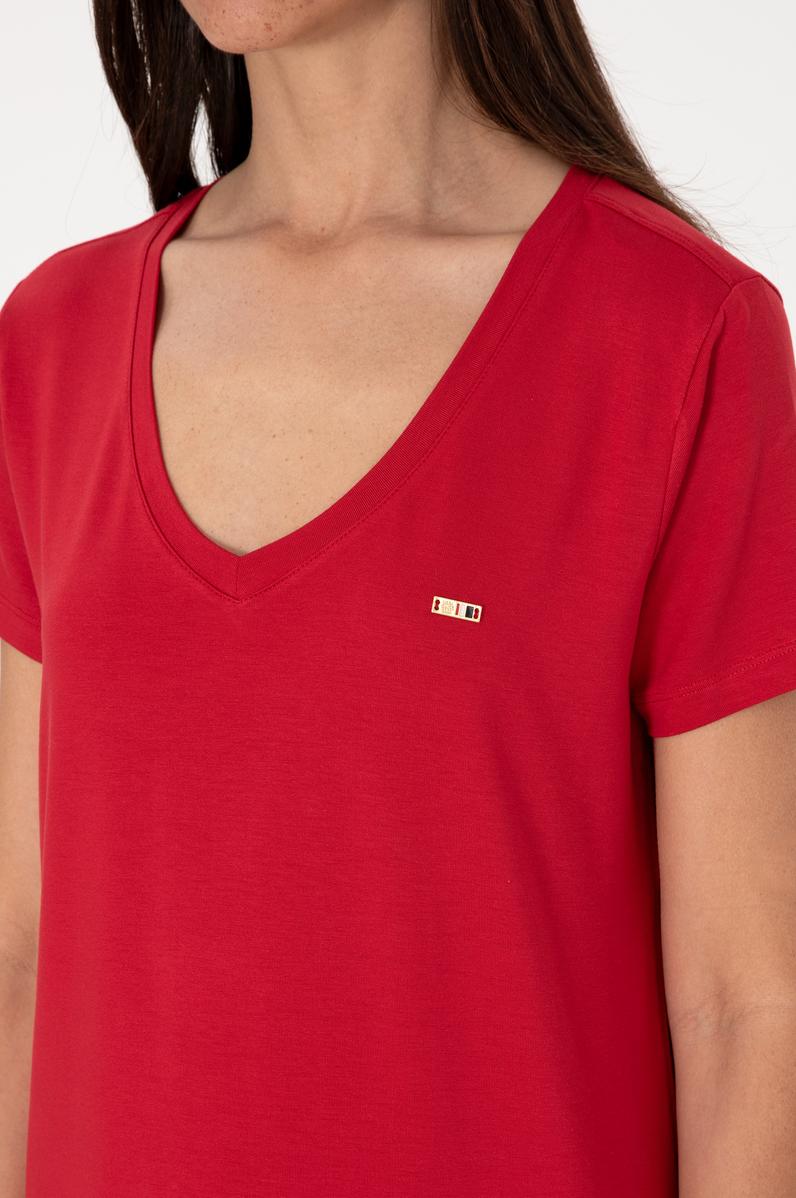 Kadın Kırmızı Modal Karışımlı V Yaka Basic Tişört