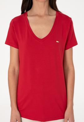 Kadın Kırmızı Modal Karışımlı V Yaka Basic Tişört - 50305773078