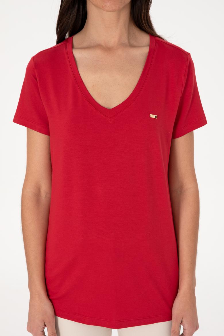 Kadın Kırmızı Modal Karışımlı V Yaka Basic Tişört - 50305773078