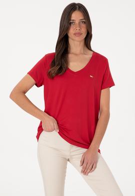Kadın Kırmızı Modal Karışımlı V Yaka Basic Tişört - 50305773078