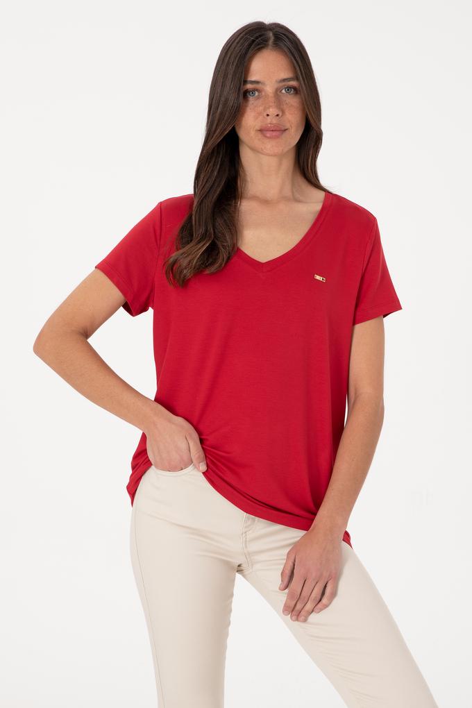 Kadın Kırmızı Modal Karışımlı V Yaka Basic Tişört