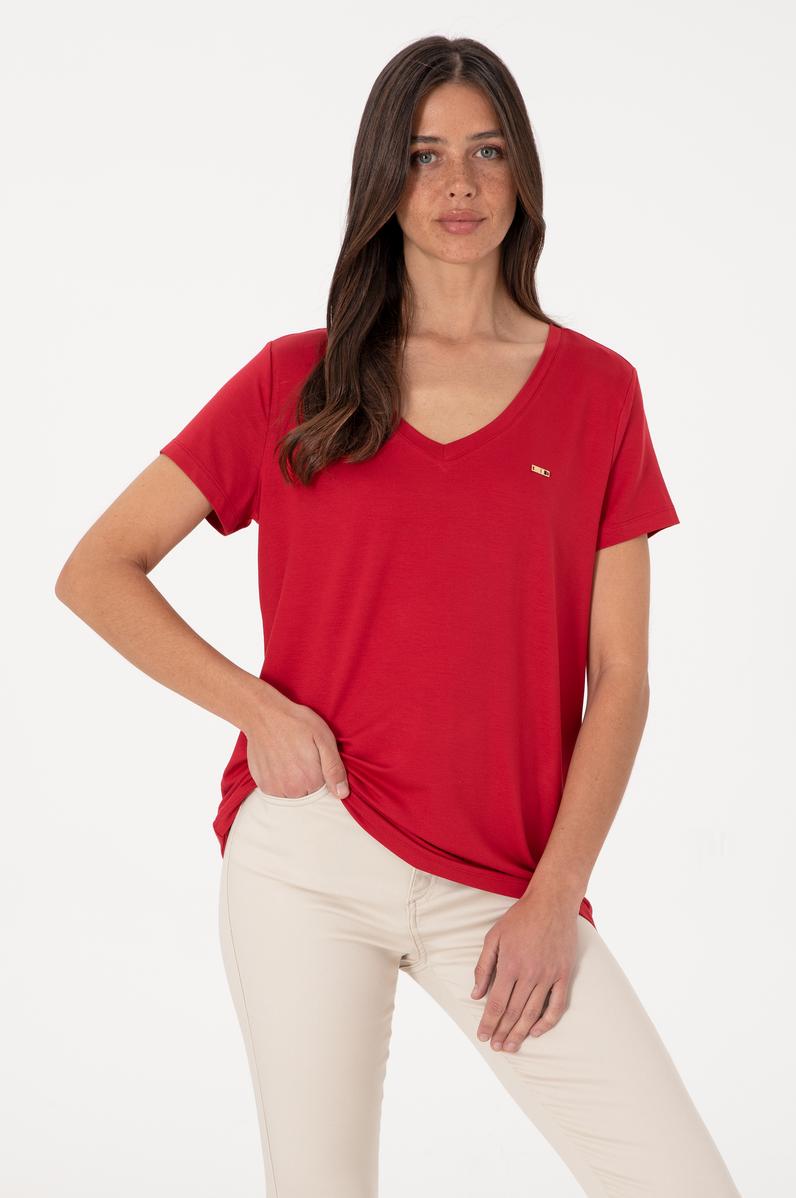 Kadın Kırmızı Modal Karışımlı V Yaka Basic Tişört