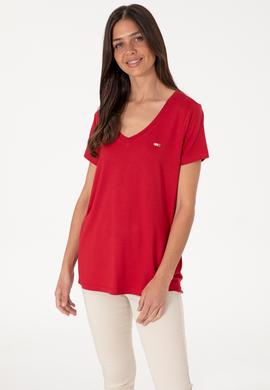 Kadın Kırmızı Modal Karışımlı V Yaka Basic Tişört - 50305773078