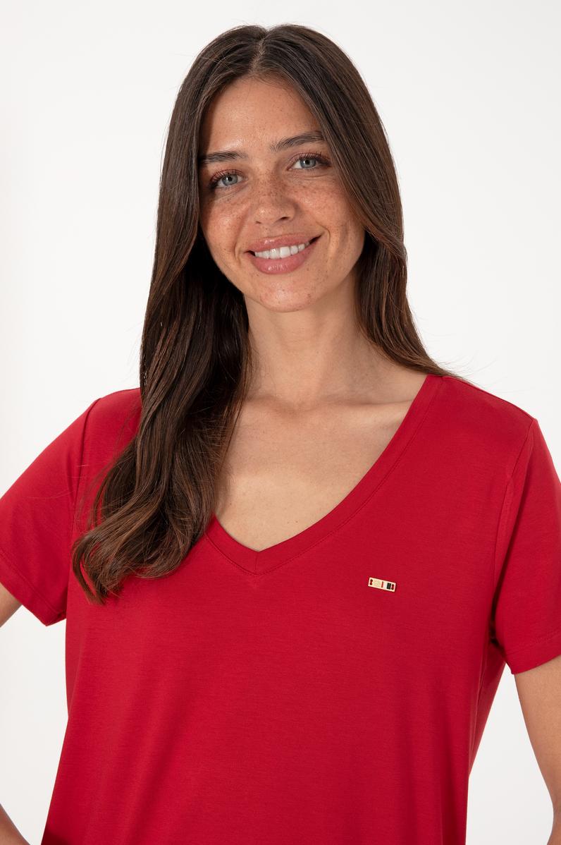Kadın Kırmızı Modal Karışımlı V Yaka Basic Tişört