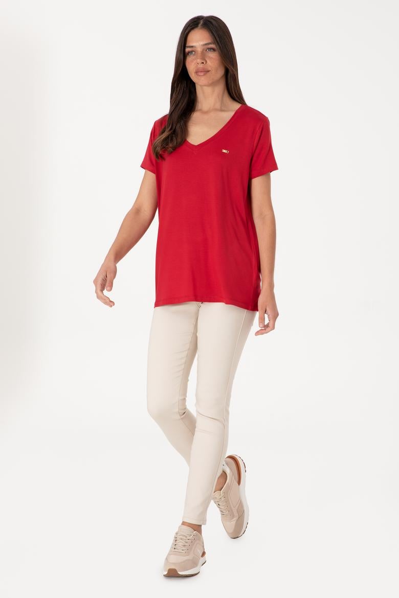 Kadın Kırmızı Modal Karışımlı V Yaka Basic Tişört - 50305773078