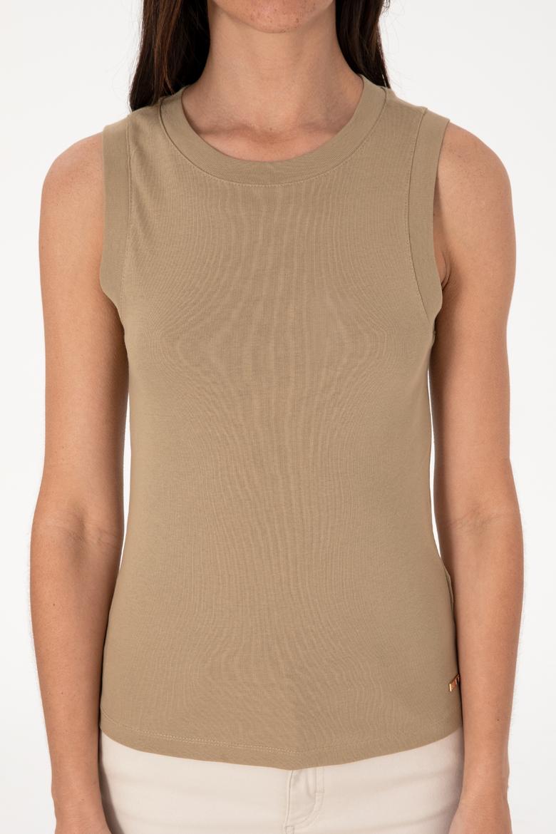 Kadın Haki Kolsuz Bisiklet Yaka Basic Tişört - 50305841007