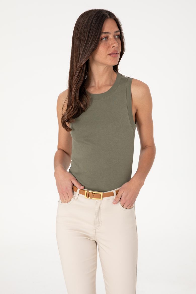 Kadın Koyu Haki Kolsuz Bisiklet Yaka Basic Tişört - 50305841126