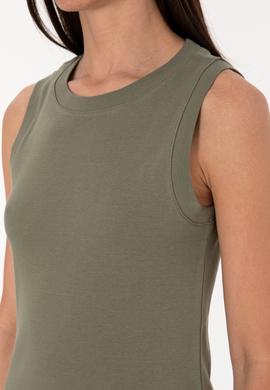 Kadın Koyu Haki Kolsuz Bisiklet Yaka Basic Tişört - 50305841126