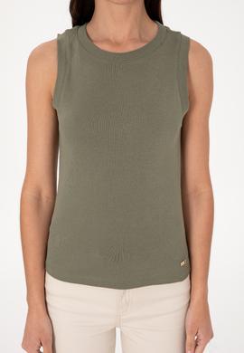 Kadın Koyu Haki Kolsuz Bisiklet Yaka Basic Tişört - 50305841126