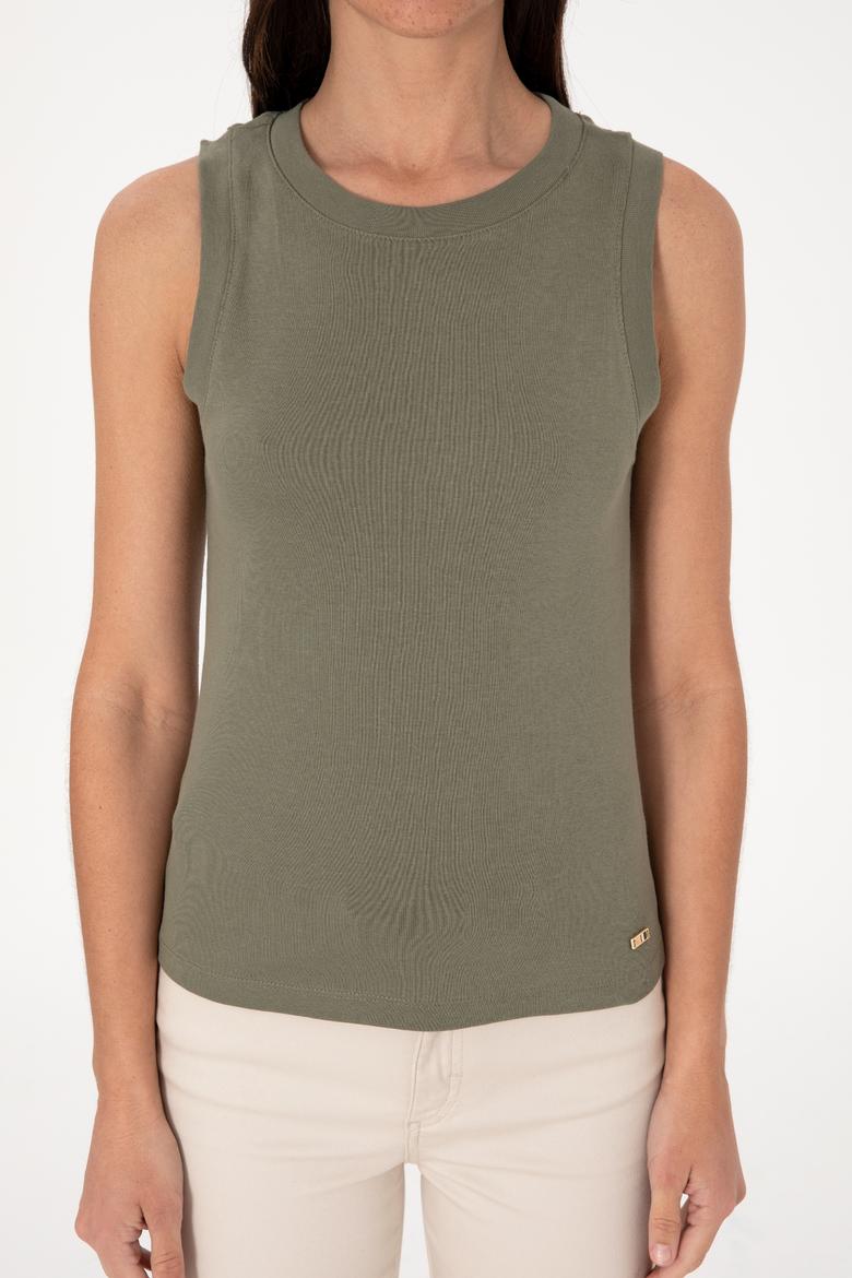 Kadın Koyu Haki Kolsuz Bisiklet Yaka Basic Tişört - 50305841126