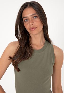 Kadın Koyu Haki Kolsuz Bisiklet Yaka Basic Tişört - 50305841126