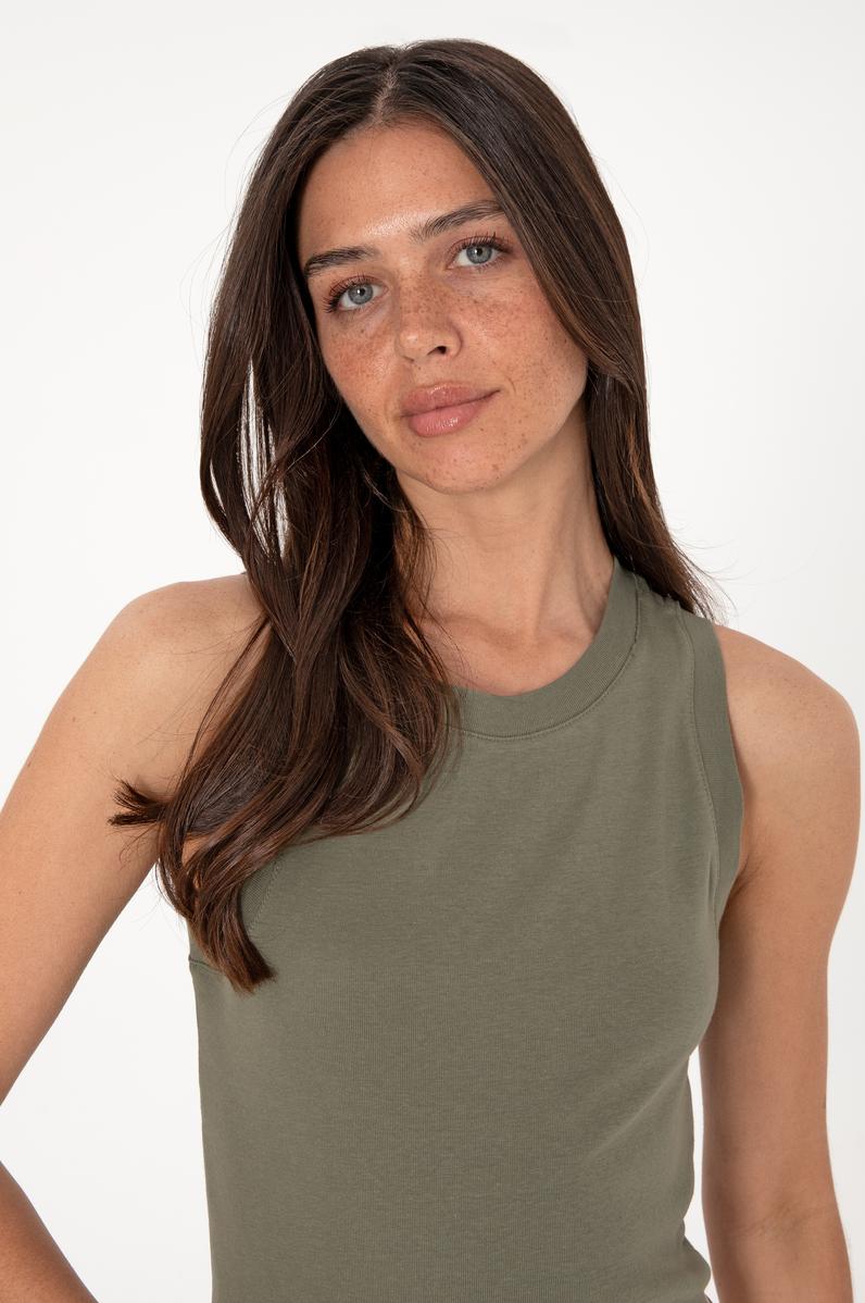 Kadın Koyu Haki Kolsuz Bisiklet Yaka Basic Tişört