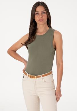 Kadın Koyu Haki Kolsuz Bisiklet Yaka Basic Tişört - 50305841126