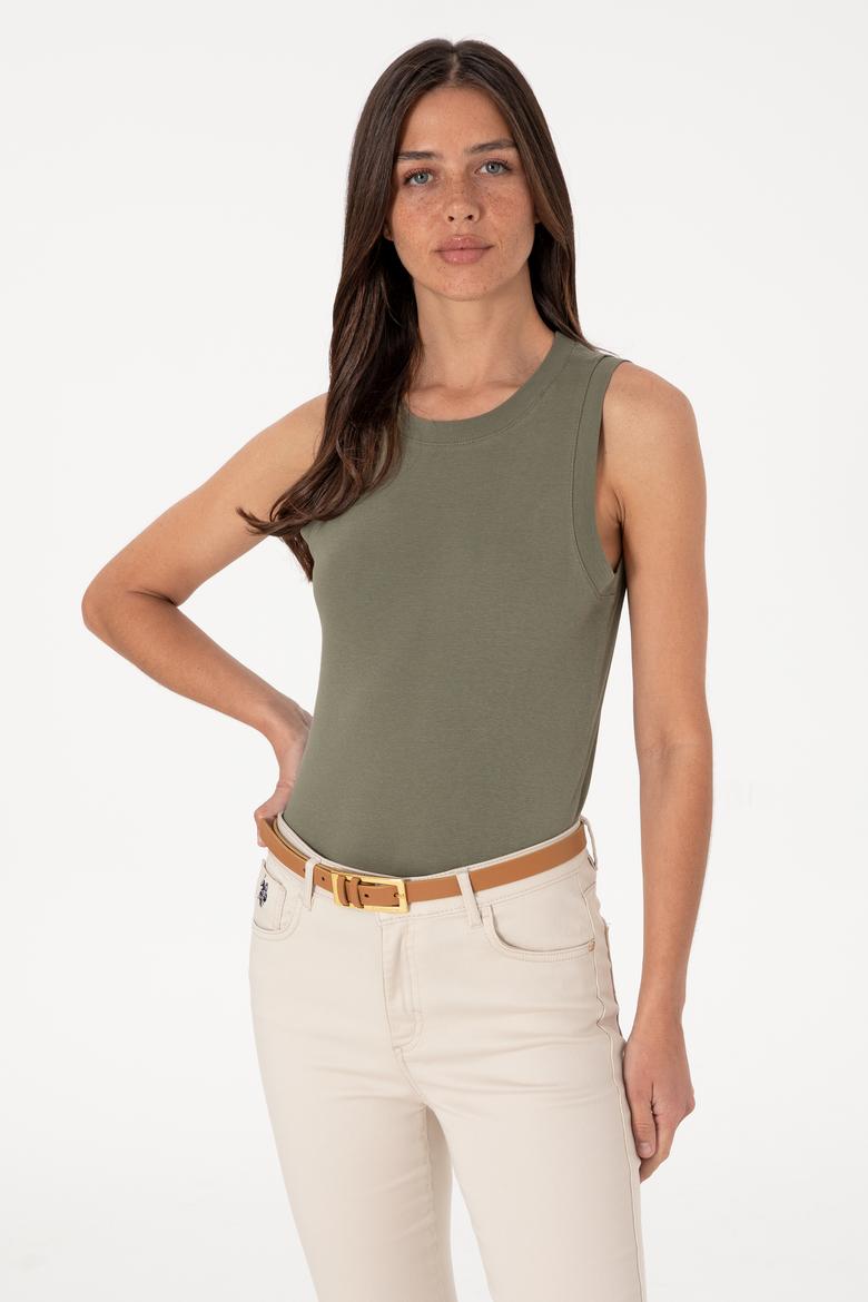 Kadın Koyu Haki Kolsuz Bisiklet Yaka Basic Tişört